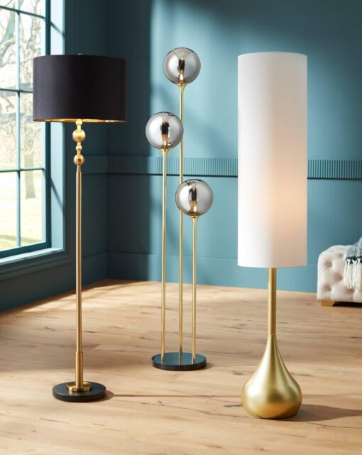 Possini Euro Design Moderne Mid Century Modern 62" Tall Standing Floor Lamp Droplet Foot Switch Metal Soft Gold Finish Living Room Bedroom House Reading Office Home Decor Entryway White Drum Shade - Image 2