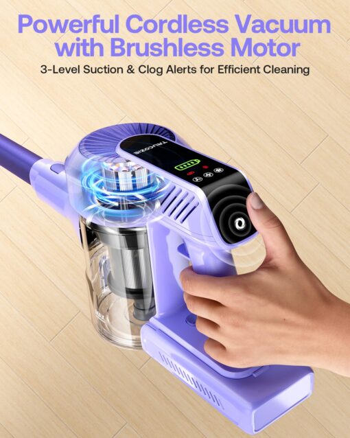 Cordless Vacuum Cleaner, 40Kpa 45Mins Vacuum Cleaners for Home, 8-in-1 Lightweight Stick Vacuum with Powerful Suction, Anti-tangle Wireless Vacuum for Carpet, Tile, Pet Hair, Hardwood Floors, Purple - Image 5