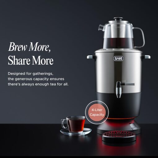 SAKI Chaiovar Electric Samovar - 4L Stainless Steel Electric Tea Maker, Temperature Display, Large Ceramic Teapot, Boil Dry & Auto Shut Off, Best for Persian, Russian, and Turkish Tea (Silver) - Image 2