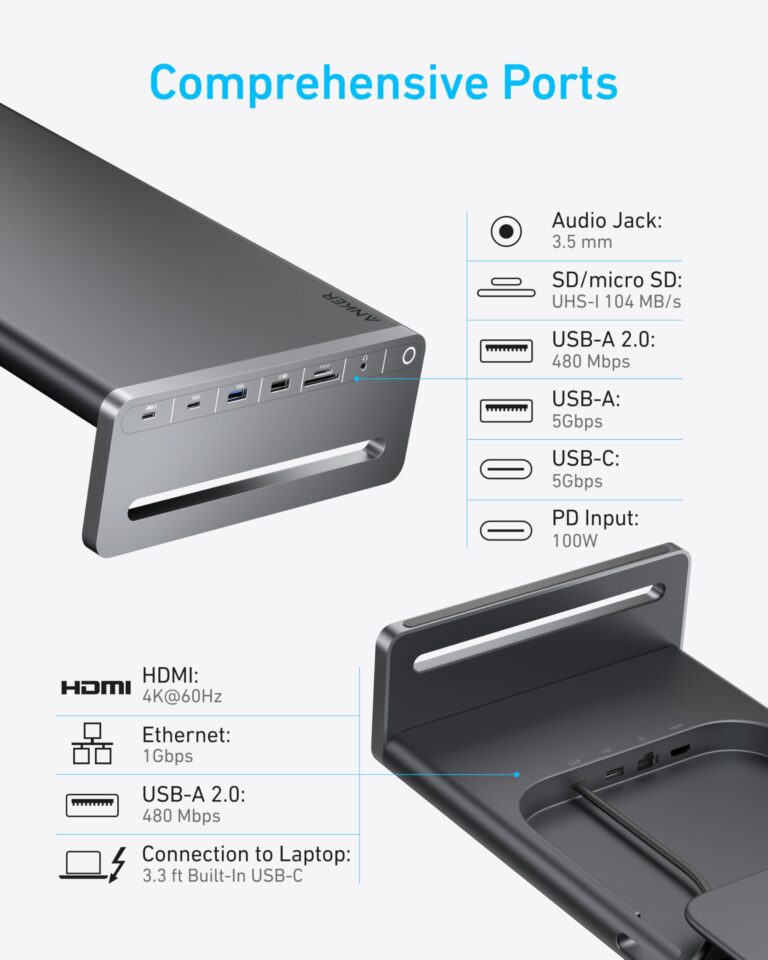 Anker USB-C Hub, 10-in-1 Aluminum Monitor Stand with 100W PD, 5Gbps USB Ports, and 4K@60Hz HDMI Display, Built-in 3.3 ft Cable, Clutter-Free Desk for MacBook, Dell, and Full-Function USB-C Devices - Image 5