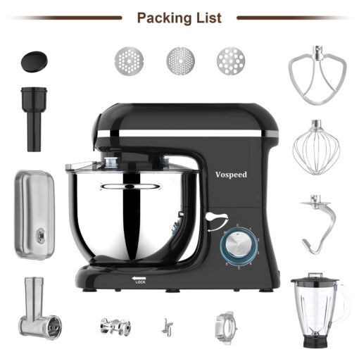 Vospeed 9 IN 1 Stand Mixer, 850W Tilt-Head Multifunctional Electric Mixer with 8 QT Stainless Steel Bowl, 1.5L Glass Jar, Meat Grinder, Hook, Whisk, Beater Dishwasher Safe (Black) - Image 2