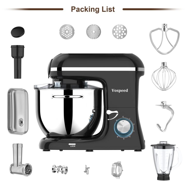 Vospeed 9 IN 1 Stand Mixer, 850W Tilt-Head Multifunctional Electric Mixer with 8 QT Stainless Steel Bowl, 1.5L Glass Jar, Meat Grinder, Hook, Whisk, Beater Dishwasher Safe (Black) - Image 2