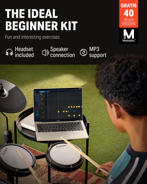 Donner DED-80 Electronic Drum Set with 4 Quiet Mesh Pads, 180+ Sounds, 2 Pedals, Throne, Headphones, Sticks, and Melodics Lessons - Image 7