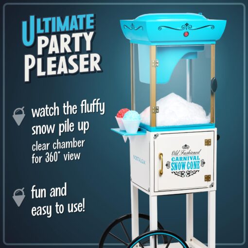 Nostalgia Snow Cone Shaved Ice Machine - Retro Cart Slushie Machine Makes 48 Icy Treats - Includes Metal Scoop, Storage Compartment, Wheels for Easy Mobility - White, Blue - Image 4
