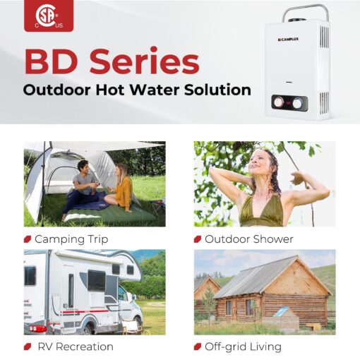 CAMPLUX Portable Tankless Water Heater, 1.58 GPM Portable Water Heater with Handle, Propane Gas Water Heater 41,000 BTU, Camping Water Heater for Outdoor, Camping, Cabin, BD158 - Image 7
