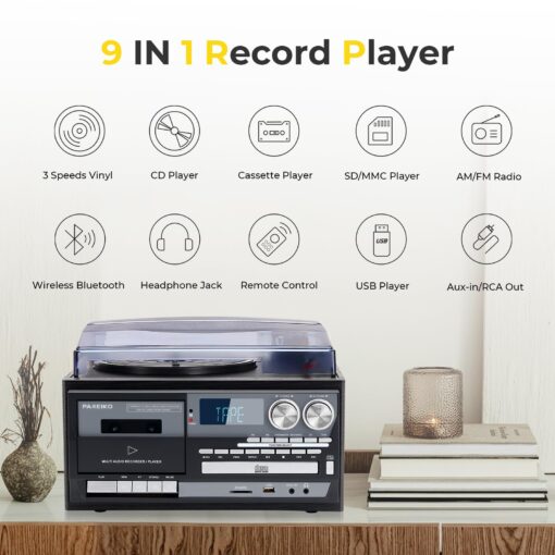 Vintage Record Player 9-in-1 Turntable with Built-in Speakers, AM/FM Radio, CD & Cassette Player, Bluetooth USB/SD Playback, Remote Control, Aux & RCA Inputs, Headphone Jack for Music Fans - Image 7