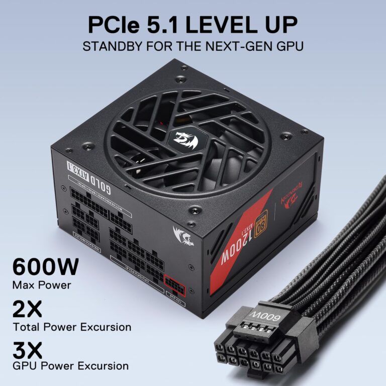 Redragon RGMS-1200W PRO 80+ Gold 1200 Watt Power Supply w/Upgraded ATX 3.1 & PCIe 5.1 Fully Modular, Compact 150mm Size, Smart ECO Low Noise Fan, 100% Japanese Capacitors, Full Mod Cables - Image 8