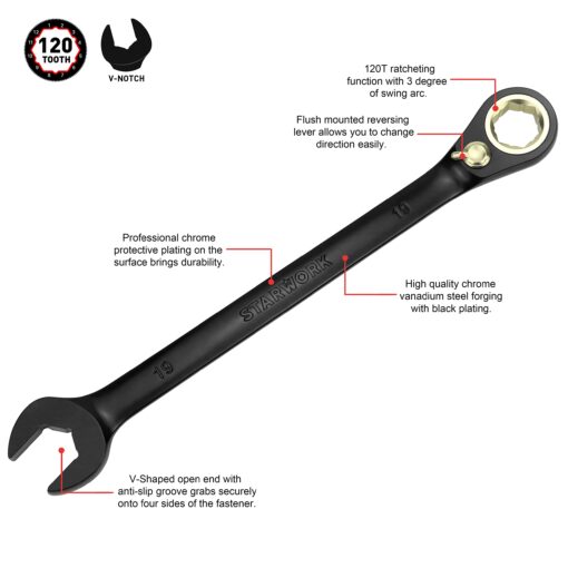 STARWORK TRUE MECHANIC™ 20 Pc. 120T Reversible Ratcheting Combination Wrench Set, Long Pattern, SAE, Metric, Professional, With Portable Roll-Up Pouch Bag - Image 3