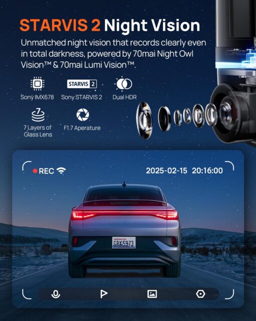 70mai Dual Dash Cam Front and Rear 4K, Car Camera for Cars with Sony IMX678, STARVIS 2 Night Vision, 4G LTE, AI Motion Detection, ADAS, 5GHz Wi-Fi 6, Parking Monitor, Voice Control (4K Omni X800) - Image 7