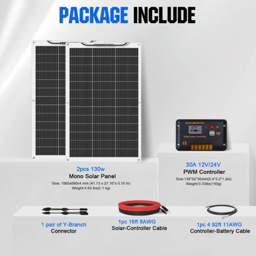 ECO-WORTHY 260Watt 12Volt Flexible Solar Panel Kit for Off Grid Home RV, Boat and Uneven Surfaces:2pcs 130W Mono Solar Panel + 30A 12V Charger Controller + Solar Cable + Tray Cable + Y Branch - Image 3