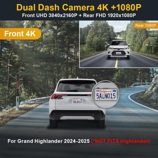 Fitcamx Front 4K+Rear 1080P Dash Cam for 2024 2025 Toyota Grand Highlander XLE Limited Platinum (AS10), OEM Look, Dual HD Video, Loop Recording, WiFi Connect & APP, G-Sensor, Easy to Set, 128GB Card - Image 6