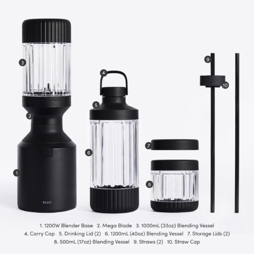 Beast Mega 1200 | Premium Countertop Blender | Smoothies, Shakes, Sauces, Dips, Soups | Blends Ice and Frozen Fruit | XL Vessel | Extra Vessels, Straw System Included | 1200W | (Carbon Black, 120V) - Image 2