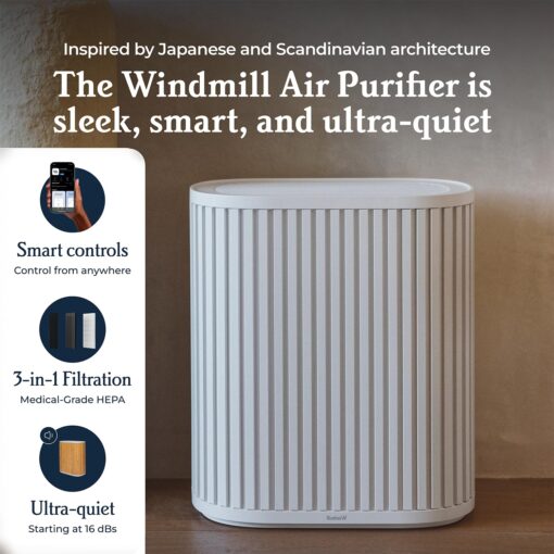 Windmill Air Purifier for Home - 3-In-1 Filtration for Smoke & More - True HEPA Filter, Activated Carbon, & Pre-Filter - Covers Up To 1950 sq ft - Ultra-Quiet - App Compatible - White - Image 6