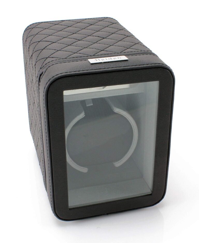 Heiden Monaco Single Watch Winder - Black Leather - Battery Powered or AC Adapter, 12 Program Settings, Diamond Stitched Vegan Leather, Soft Linen Interior, Large Interior Space for Large Watches