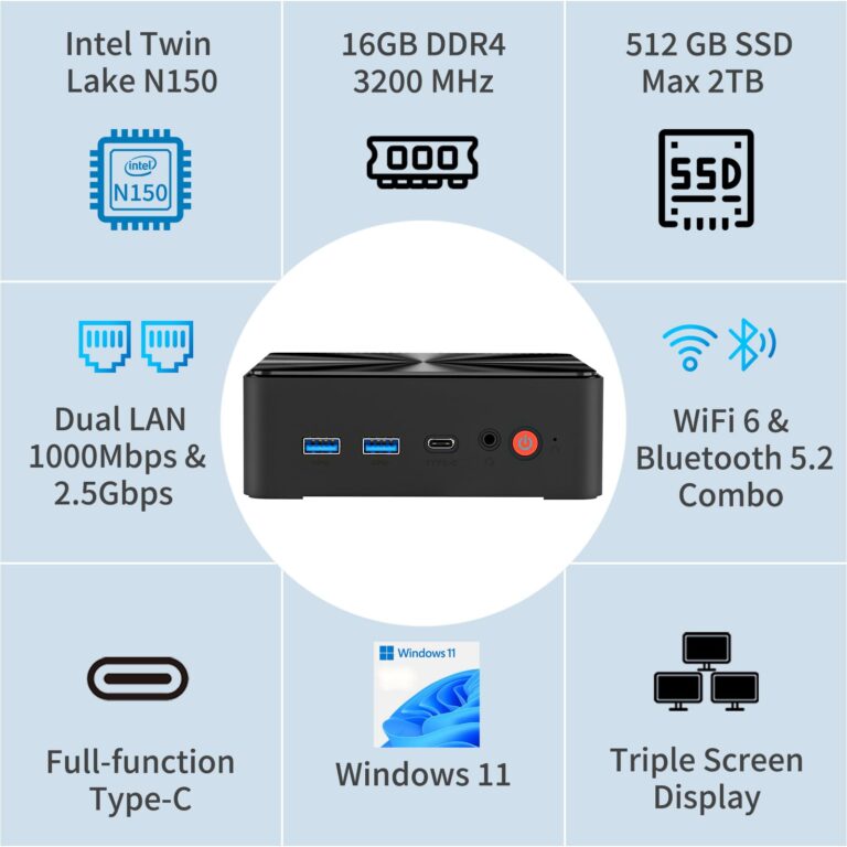 Mini PC, 13th Twin Lake N150 (Beat N100/N95, up to 3.6GHz), 16GB DDR4 RAM 512GB M.2 SSD Dual LAN, Mini Desktop Computers Windows 11, 4K Triple Display, Type-C/WiFi 6/BT5.2/Micro PC for Home Office - Image 5