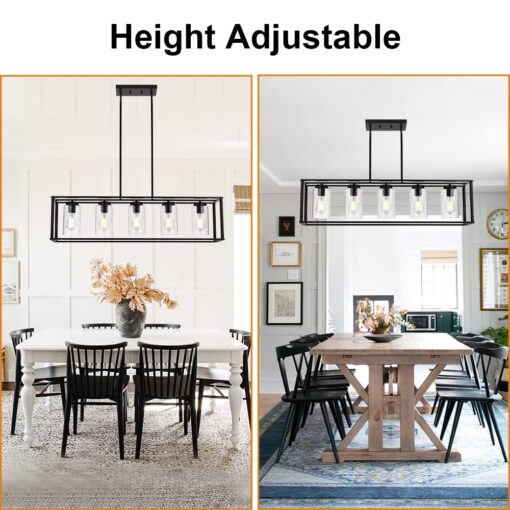 VINLUZ Farmhouse Chandeliers Rectangle Black 5 Light Dining Room Lighting Fixtures Hanging, Kitchen Island Cage Pendant Lights Contemporary Modern Ceiling Light with Glass Shade Adjustable Rods - Image 3