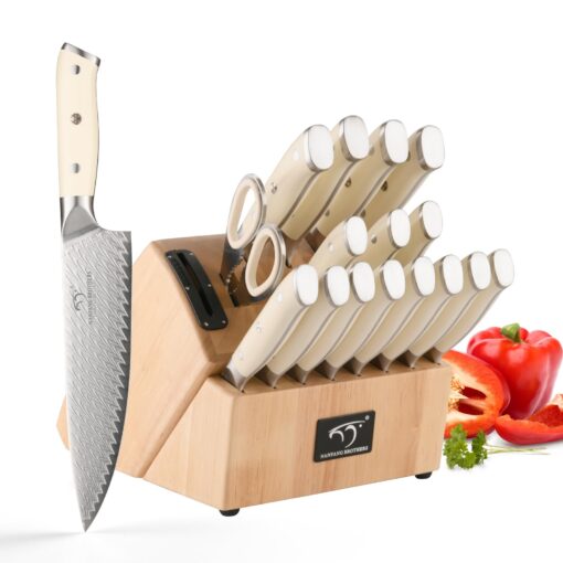NANFANG BROTHERS Knife Set, 19-Piece Damascus Kitchen Knife Set with Block, ABS Ergonomic Handle for Chef Knife Set, Knife Sharpener and Kitchen Shears, Knife Block Set - Image 2