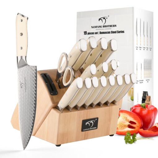 NANFANG BROTHERS Knife Set, 19-Piece Damascus Kitchen Knife Set with Block, ABS Ergonomic Handle for Chef Knife Set, Knife Sharpener and Kitchen Shears, Knife Block Set - Image 3