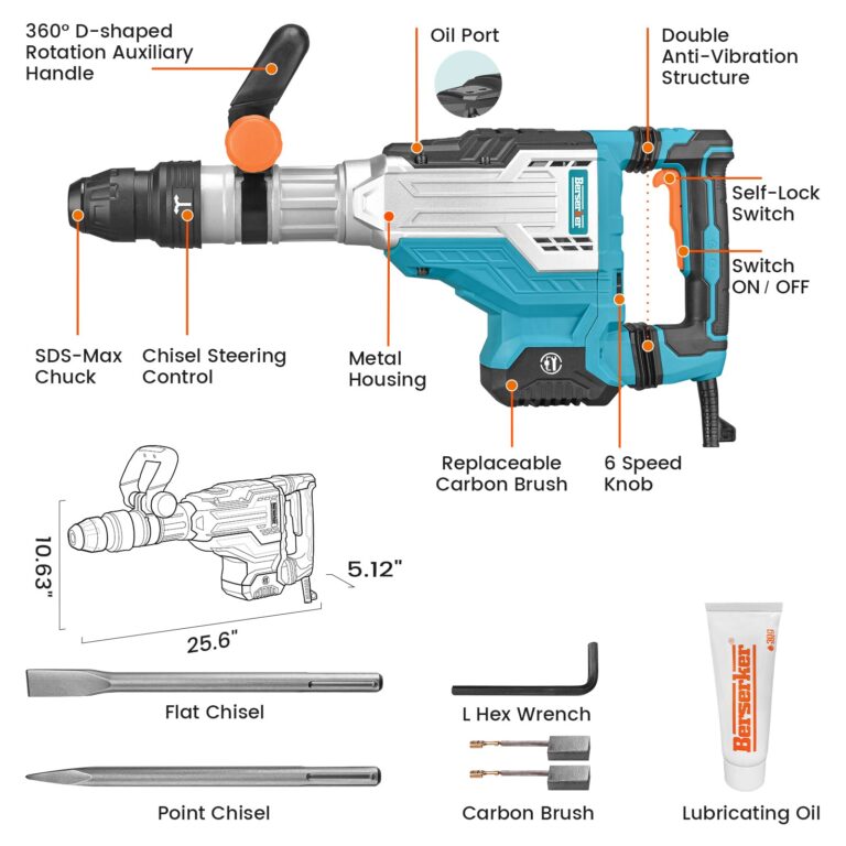 Berserker 1700W 25-Pound SDS-Max Demolition Jack Hammer, 1-9/16" 14-Amp Corded Electric Heavy Duty Demo Chipping Hammer Concrete/Pavement Breaker with Carrying Case Flat Chisel Bull Point Chisel - Image 7
