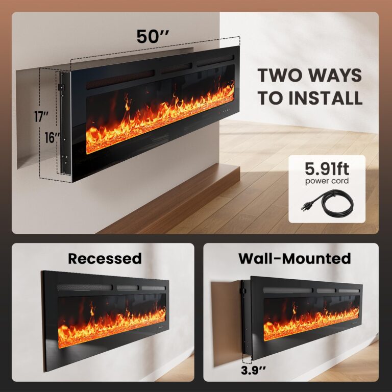 Silonn 50″Smart Electric Fireplace Heater with App & Remote Control, 5300 BTU Heat Output, Ultra-Slim Wall-Mounted or Recessed Electric Fireplace Inserts with Timer, 20 Flame Colors,WiFi Enabled - Image 3