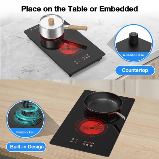 VBGK Electric Cooktop,3000W 12 inch Electric Stove Top,Built-in and Countertop 2 Burner Electric Cooktop 220V with Plug,9 Power Levels, Kids Lock & Timer,LED Touch Control,Overheat Protection Stovetop - Image 7