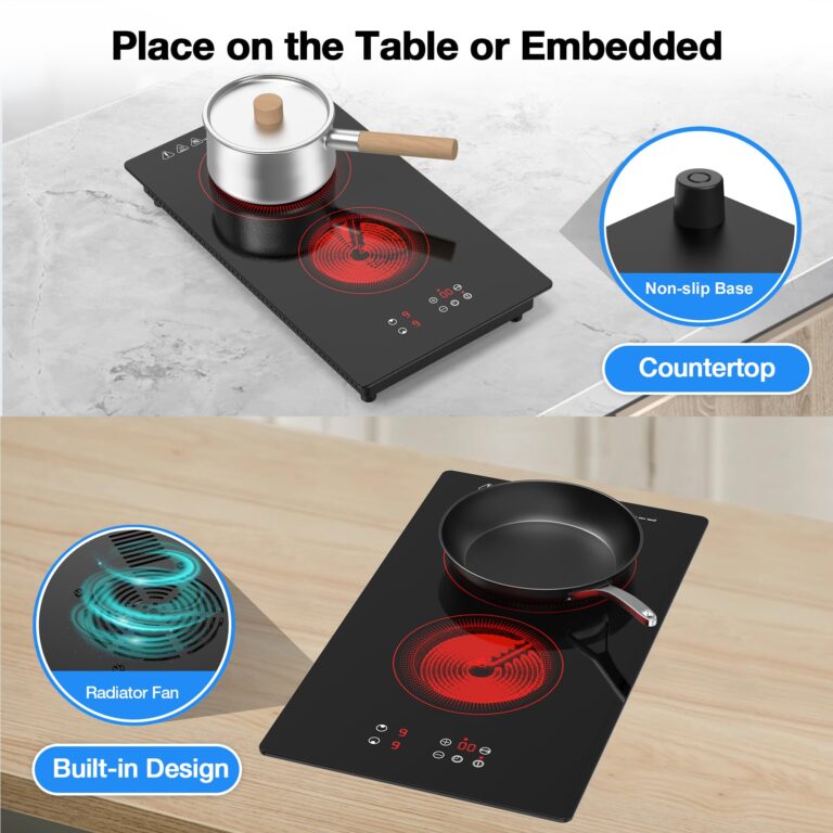 VBGK Electric Cooktop,3000W 12 inch Electric Stove Top,Built-in and Countertop 2 Burner Electric Cooktop 220V with Plug,9 Power Levels, Kids Lock & Timer,LED Touch Control,Overheat Protection Stovetop - Image 7