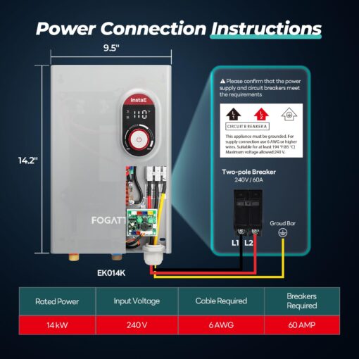 FOGATTI Tankless Water Heater Electric, Up to 3.3 GPM, 14kW 240V On-Demand Instant Endless Water Heater, ETL Certified, 2-3 Point of Use Hot Water - Image 4