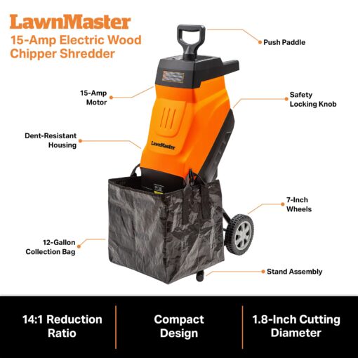 LawnMaster FD1503 Electric Wood Chipper Shredder 15-Amp 1.8-Inch Cutting Diameter Max 14:1 Reduction - Image 2