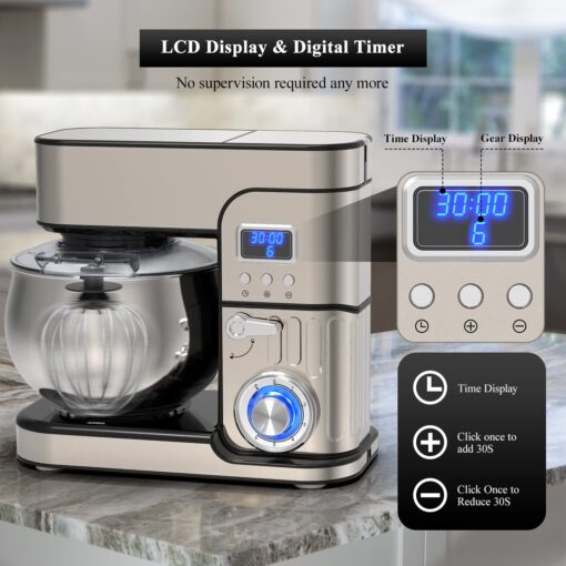 6-IN-1 Stand Mixer, LCD Display Kitchen Electric Mixer, 6.5QT Stainless Steel Bowl, Multi-Function Kitchen Blender With Dough Hook, Whisk, Beater, Meat Grinder, Splash Guard - Image 3