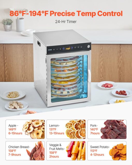 VEVOR Rotary Food Dehydrator Machine, 12 Stainless Steel Trays, 800W Electric Food Dryer with Adjustable Temperature & 24-Hour Timer, Freeze Dryer for Jerky, Meat, Fruit, Vegetables, Herbs, Dog Treats - Image 6