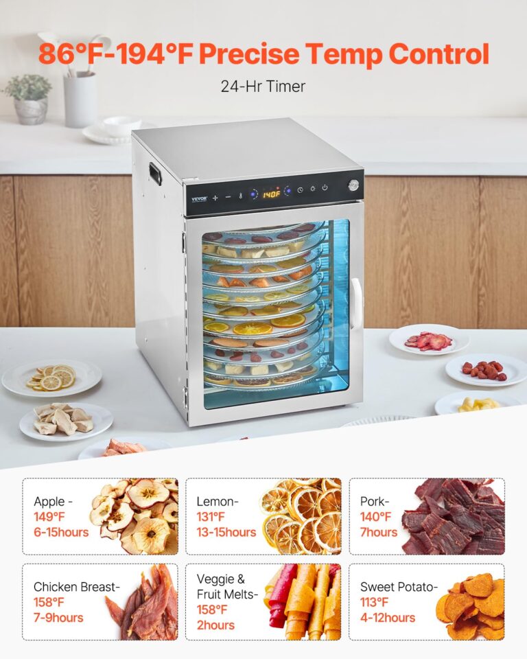 VEVOR Rotary Food Dehydrator Machine, 12 Stainless Steel Trays, 800W Electric Food Dryer with Adjustable Temperature & 24-Hour Timer, Freeze Dryer for Jerky, Meat, Fruit, Vegetables, Herbs, Dog Treats - Image 6