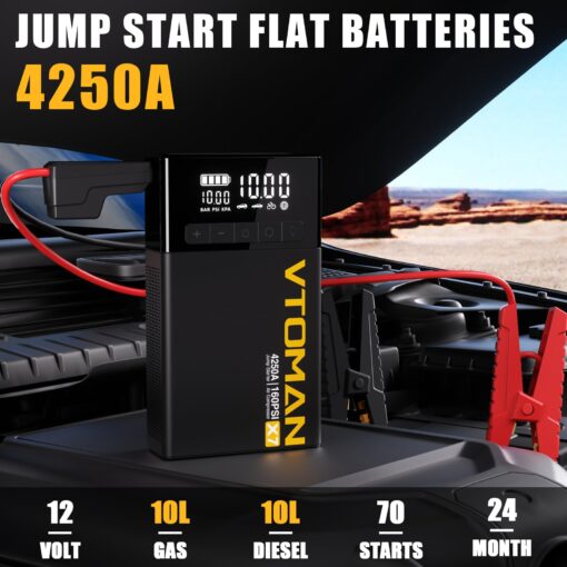 VTOMAN X7 Jump Starter with Air Compressor, 4250A Portable Car Jumper with 160PSI Digital Tire Inflator,12V Lithium Battery Charger Booster Box with Type-C Quick Charge (Up 10L Gas/10L Diesel Engine) - Image 8