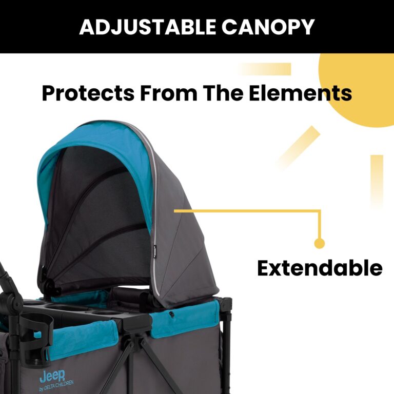 Jeep Sport All-Terrain Stroller Wagon by Delta Children - Includes Canopy, Parent Organizer, Adjustable Handlebar, Snack Tray & Cup Holders, Grey/Blue Moon - Image 6