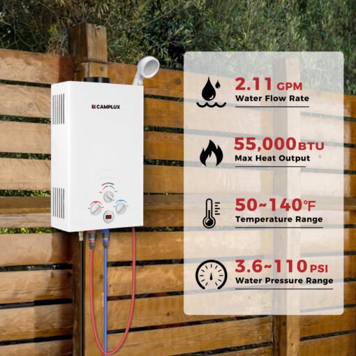 CAMPLUX Propane Water Heater, 2.11GPM Portable Water Heater for Camping, 55,000 BTU Portable Hot Water Heater Outdoor, BW211, White - Image 7