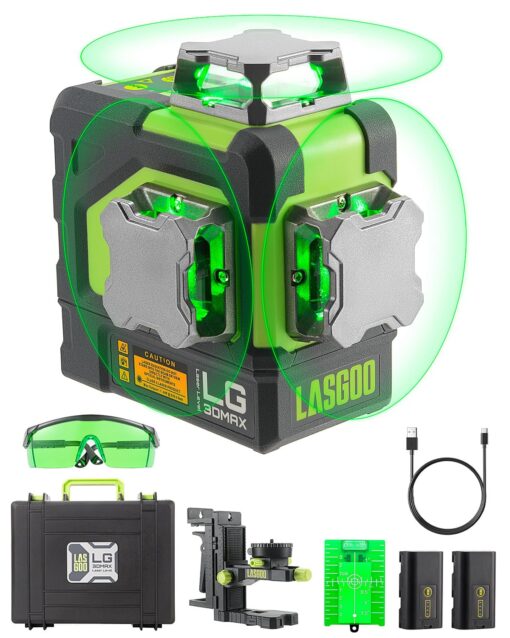 LasGoo LG-3DMAX 3x360° Green Laser Level, 3D Self-Leveling Cross Line Laser with 2 Rechargeable Lithium Batteries, Fine-Tuning Bracket Adapter, Green Laser Enhancement Glasses, and Hard Carrying Case