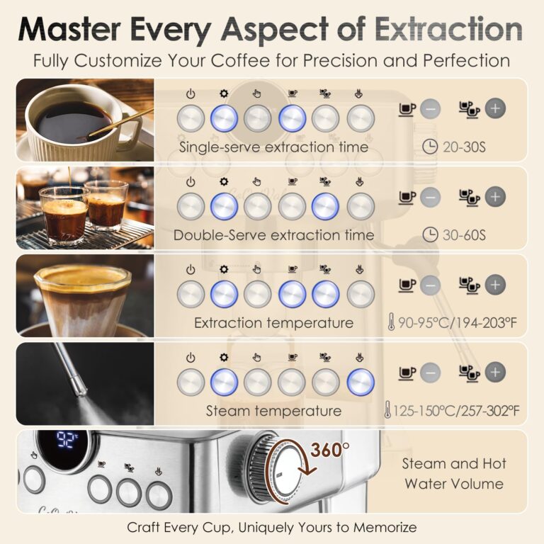 CoOptVal 20-Bar Espresso Machine & Cafetera Espresso – Fully Customizable Brewing (Temperature, Time, Volume, Steam) – Steam Wand & Milk Frother, Stainless Steel – Latte Machine & Cappuccino Machine - Image 6