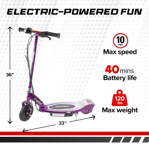 Razor E100 Kids Ride On 24 Volts Motorized Powered Electric Kick Scooter Speeds Up to 10 Miles Per Hour with Brakes and Pneumatic Tires, Purple - Image 9
