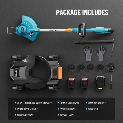 Seesii String Trimmer : 12’’ Cordless Weed Wacker & Edger with 2 * 4.0Ah Batteries - Electric Lawn Mower with 1.3’’/2.1’’ Adjustable Deck - 3-in-1 Battery Lawn Mower for Garden/Yard - Image 2