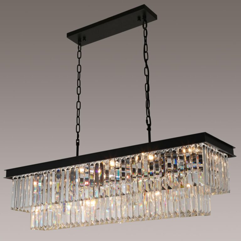 Weesalife Crystal Chandeliers for Dining Room Light Fixtures Over Table，15-Lights Black Modern Rectangle Chandeliers for Kitchen Island Bar L40 Inch