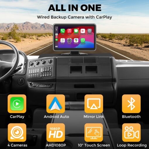 Losuudy 4 Channel Backup Camera Dash Cam System for Trucks, RVs, Trailers, Carplay & Android Auto, 10'' Touch Screen Monitor, 4 HD1080P Wired Rearview Reverse Cameras with Night Vision, IP68-rated. - Image 7