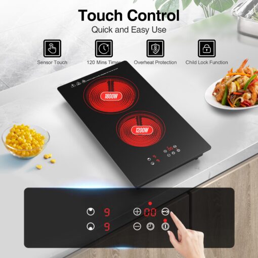 VBGK Electric Cooktop,3000W 12 inch Electric Stove Top,Built-in and Countertop 2 Burner Electric Cooktop 220V with Plug,9 Power Levels, Kids Lock & Timer,LED Touch Control,Overheat Protection Stovetop - Image 4