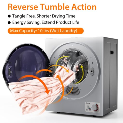 COSTWAY GT-10222US-SL-FPCY, 110V Electric Portable Clothes Stainless Steel Tub, Panel Downside Easy Control for 4 Automatic Drying Mode Compact Laundry Dryer, Silver - Image 9