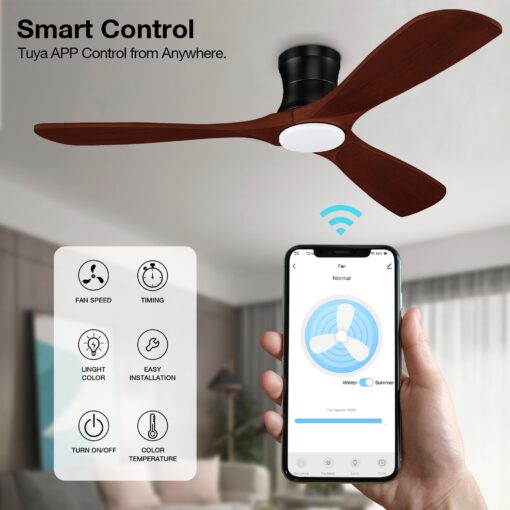 52” Smart Low Profile Ceiling Fans with Lights Remote,3 Wood blade,Quiet DC Motor,Outdoor Indoor Flush Mount Ceiling Fan,Voice Control via WIFI Alexa App,Modern Lighting& Ceiling fan for Bedroom Patio - Image 3