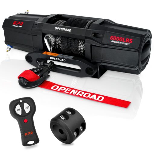OPENROAD 6000 lbs UTV Winch, Waterproof IP67 Electric Trailer 6k Winch with 1/4"×50ft Synthetic Rope,Wireless Remote and Winch Stopper (6000lb Without Mounting Plate)
