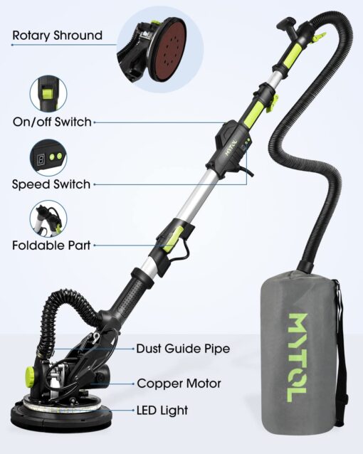 MYTOL Drywall Sander, 7.2A Electric Drywall Sander with Vacuum Dust Collection, LED Light, 6 Variable Speed Digital Display 900-1800RPM, Foldable & Extendable Handle, 9 Sanding Discs&3 Grid Sandpaper - Image 7
