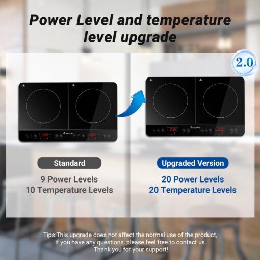 Aobosi Double Induction Cooktop Burner with 240 Mins Timer, 1800w 2 Induction Burner with 10 Temperature 9 Power Settings, Portable Dual Induction Cooker Cooktop with Touch Sensor Control & Child Safety Lock - Image 2