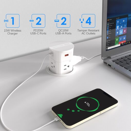 ANNQUAN 3.15" Pop Up Countertop Outlet with 15W Wireless Charger,Max 20W Power Delivery,800J Surge Protection,Pop Up Electrical Outlet with 4 Outlets 4 USB Ports for Home Office(ETL Listed) - Image 9