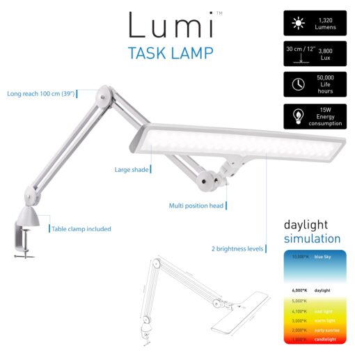 Daylight Company Lumi Task Lamp,+95 CRI, 4000 Lux,Craft Light, Super Bright Desk Lamp, Touch Dimmable, 2 Brightness Levels, Ideal Table Light, Drawing Lamps - Metal - 15 W - Image 6