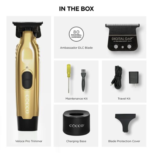 Cocco Veloce Pro Trimmer, Digital Gap Ambassador DLC Blade Edger, High-Torque Brushless BLDC Motor, Cordless, All-Metal Design, Lithium-Ion Battery, Charging Base Included, Gold - Image 5