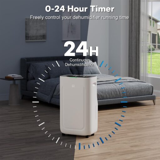 2025Upgraded 5000 Sq.Ft 80 Pint Dehumidifier for Basements with Large 6.5L Water Tank,24H Timer,Child Lock,Defrost,Silent,mold,4 Modes Operation Auto Shut-off - Image 6